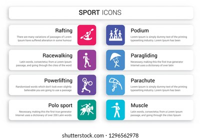 Set of 8 white sport icons such as Rafting, racewalking, powerlifting, polo sport, Podium, paragliding isolated on colorful background