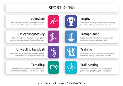 Set of 8 white sport icons such as Volleyball, unicycling hockey, handball, tumbling, Trophy, trampolining isolated on colorful background