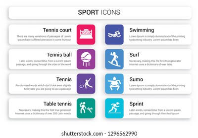 Set of 8 white sport icons such as Tennis court, ball, Tennis, Table tennis, Swimming, Surf isolated on colorful background