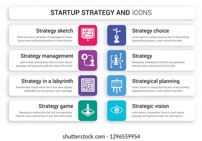 Set of 8 white startup strategy and icons such as Sketch, Management, Strategy in a labyrinth, game, Choice, isolated on colorful background