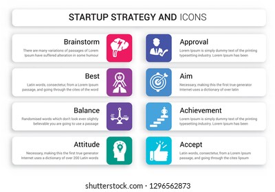 Set of 8 white startup strategy and icons such as Brainstorm, Best, Balance, Attitude, Approval, Aim isolated on colorful background
