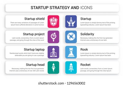 Set of 8 white startup strategy and icons such as Shield, Project Search, Laptop, Head, Startup, Solidarity isolated on colorful background
