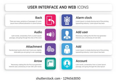 Set of 8 white user interface and web icons such as Back, Audio, Attachment, Arrow, Alarm clock, Add isolated on colorful background