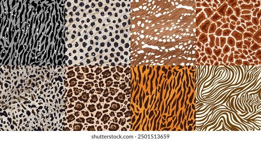 Set mit 8 Wildtierdrucken. Nahtlose Muster. Tiger, Leopard, Zebra, Giraffe, Hyena, Gepard, Hirsch. Abstrakte Muster. Handgezeichnete Tierhaut-Hintergründe. Vektorgrafiken mit Wildtierpelz.