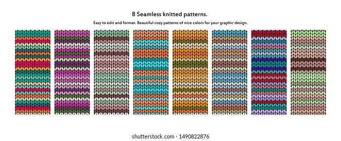 Set of 8 Winter Holiday Seamless Knitted Patterns. Vector illustration