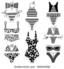 Set of 8 women's black and white swimsuits. Various models of bathing suit. Vector illustration.