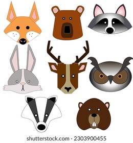 Set of 8 woodland, forest animals icons. Vector, cute fox, raccoon, bear, rabbit, badger, owl, deer, beaver, heads.