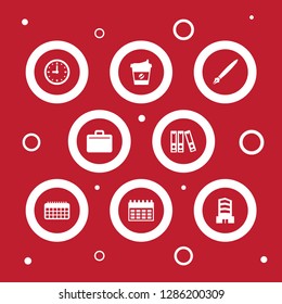 Set of 8 work icons set. Collection of coffee, date, suitcase and other elements.