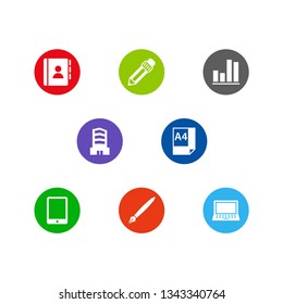 Set of 8 work icons set. Collection of chart, telephone directory, tablet and other elements.