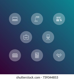 Set Of 8 Work Outline Icons Set.Collection Of Partnership, Workplace, Reading-Lamp And Other Elements.
