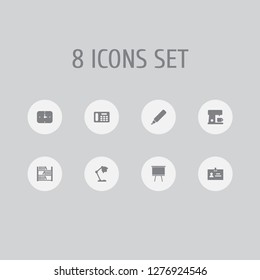 Set of 8 workspace icons set. Collection of badge id, board stand, wall clock elements.