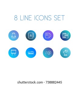 Set Of 8 Workspace Outline Icons Set.Collection Of Board Stand, Book, Tea Elements.