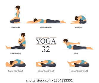 Set of 8 yoga poses or asana posture in flat design. Beauty woman in blue sportswear and black yoga pants is doing exercise for body stretching. Yoga infographics. Vector illustration.