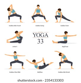 Conjunto de 8 poses de yoga o de asana en diseño plano. Mujer de belleza con ropa deportiva azul y pantalones negros de yoga está haciendo ejercicio para estirarse el cuerpo. Infografía de yoga. Ilustración vectorial.