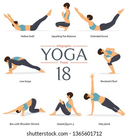 Set of 8 yoga poses in flat design. Woman figures exercise in blue sportswear and black yoga pants for yoga infographics. Vector Illustration.