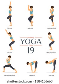 Set of 8 yoga poses in flat design. Woman figures exercise in blue sportswear and black yoga pants for yoga infographics. Vector Illustration.