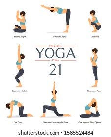 Set of 8 yoga poses in flat design. Woman figures exercise in blue sportswear and black yoga pants for yoga infographics. Vector Illustration.