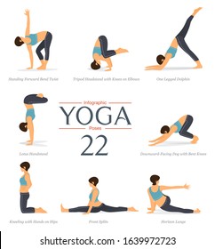 Set of 8 yoga poses in flat design. Woman figures exercise in blue sportswear and black yoga pants for yoga infographics. Cartoon Vector art and Illustration.