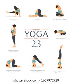 Set of 8 yoga poses in flat design. Woman figures exercise in blue sportswear and black yoga pants for yoga infographics. Cartoon Vector art and Illustration.