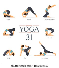 Set of 8 yoga poses in flat design. Beauty woman in blue sportswear and black yoga pants is doing exercise for body stretching . Yoga infographics vector art and illustration.