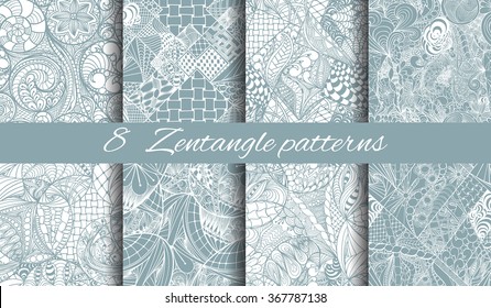 set of 8 zentangle abstract hand-drawn seamless patterns