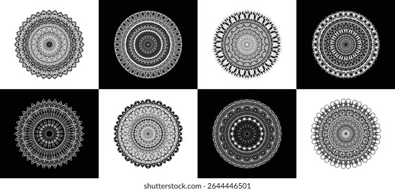 set of 8 zentangle mandalas in oriental style. perfect for henna, mehendi, tattoo design, yoga art, coloring book pages, anti-stress therapy, vintage floral patterns, and meditation decor.