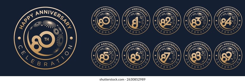 set of 80 to 89th anniversary logotype design, with golden fireworks for celebration event, wedding, and birthday, vector illustration