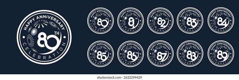 set of 80 to 89th anniversary logotype design, with white color fireworks for celebration event, wedding, and birthday, vector illustration