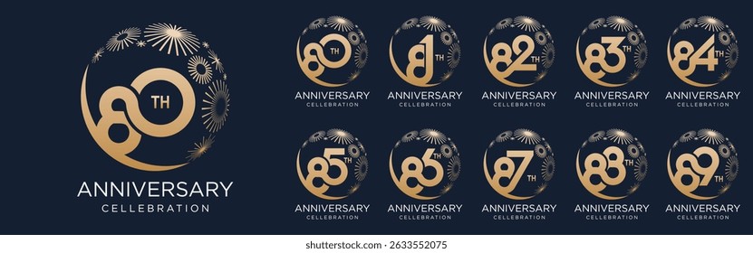Conjunto de diseño de logotipo de aniversario 80 a 89, con fuegos artificiales dorados para eventos de celebración, bodas y cumpleaños, Ilustración vectorial