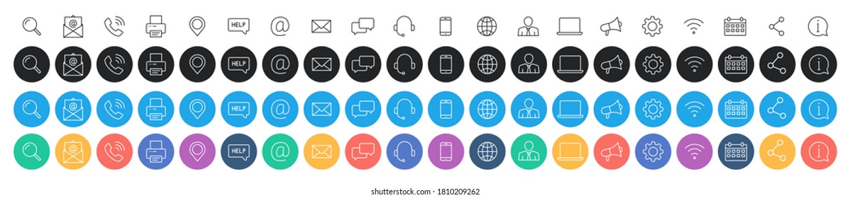 Set of 80 Business Card icons. Name, phone, mobile, location, place, mail, fax, web. Contact us, information, communication. Vector illustration.