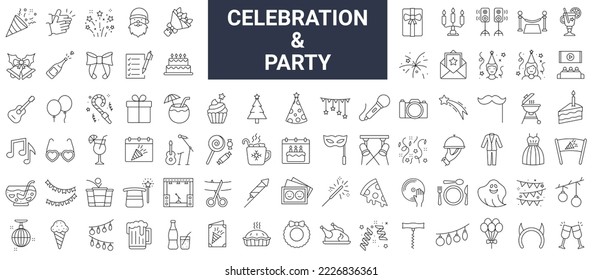 Set of 80 celebration, event, party line icons. Editable stroke. 