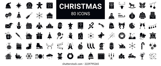 Set of 80 christmas filled icons. Holiday symbol. Black fill Xmas icons collection. Editable stroke