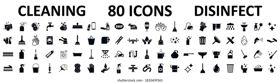 Set 80 clean and disinfect icons. Cleaning and sanitizer products, clean surfaces, hands - stock vector