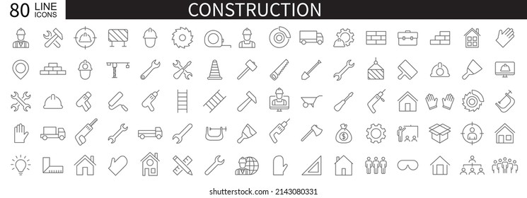 Set 80 construction icons. Building, engineer, business, road, builder, industry. Thin line web icons collection. Vector illustration.