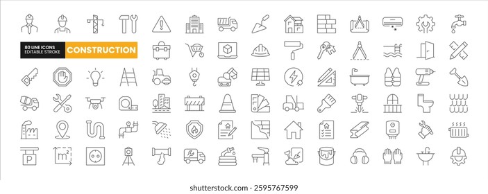 Set of 80 Construction line icons set. Construction outline icons with editable stroke collection. Includes Engineer, Construction Tools, Labour, Construction Vehicles, Villa, and More.