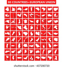 Set of 80 countries maps and European Union. Red background,white map and long shadow