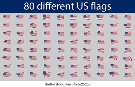 Set of 80 different US flag. US Flags of different shapes for Independence Day.