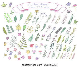 Set of 80 hand drawn vintage decorative floral elements icons, collection of vector leaves, flowers, branches, perfect elements for save the date card, summer wedding. Artwork for your design.
