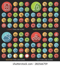 Set of 80 Isolated Universal Flat Minimalistic Thin Line Icons on Circular Colored Buttons (Casino , Home Appliances , Weather and SEO Icons) on Black Background.