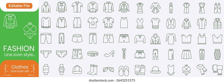 Set of 80+ line icons related to fashion, sewing, clothing. Outline icon collection. Editable stroke. Vector illustration.