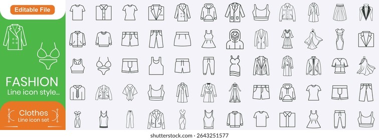 Set of 80+ line icons related to fashion, sewing, clothing. Outline icon collection. Editable stroke. Vector illustration.