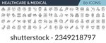 Set of 80 outline icons related to healthcare, medical, medicine. Linear icon collection. Editable stroke. Vector illustration
