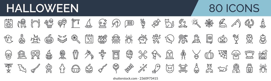 Set of 80 outline icons related to halloween. Linear icon collection. Editable stroke. Vector illustration