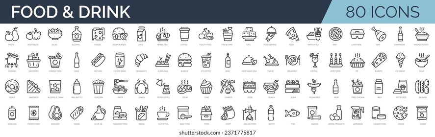 Set of 80 outline icons related to food and drink. Linear icon collection. Editable stroke. Vector illustration