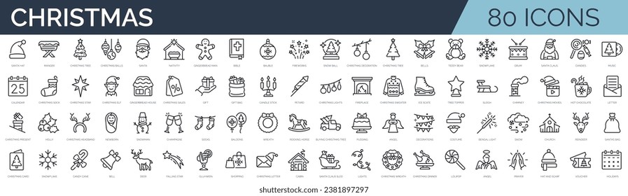 Set of 80 outline icons related to christmas. Linear icon collection. Editable stroke. Vector illustration