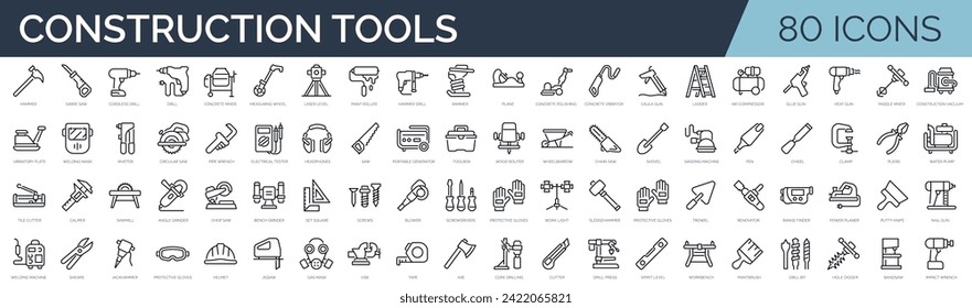 Set of 80 outline icons related to construction tools. Linear icon collection. Editable stroke. Vector illustration