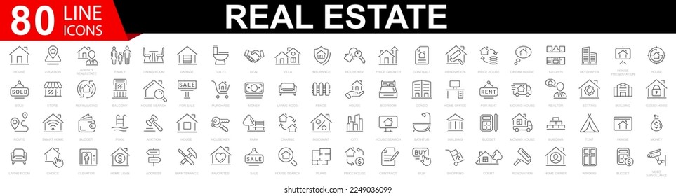 Set of 80 Real Estate web icons. Included the icons as realty, property, mortgage, home loan and more. Rent, building, agent, house, auction, property, mortgage, home, realtor, collection. 