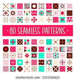 Conjunto de 80 patrones geométricos interminables vectoriales retro (baldosas) de color rojo, negro, rosa y verde. Se puede utilizar textura sin fin para rellenos de patrones, fondo de página web, superficie y textura textil