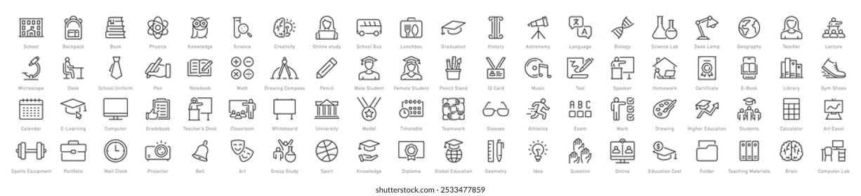 Set of 80 School web icons in line style. Education, knowledge, teacher, class room, study, language, collection. Vector illustration.