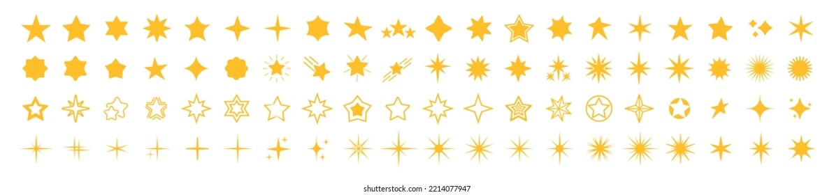 Juego de iconos de 80 estrellas. Iconos de la Estrella Amarilla. Colección web de estrellas de clasificación. Ilustración vectorial.	